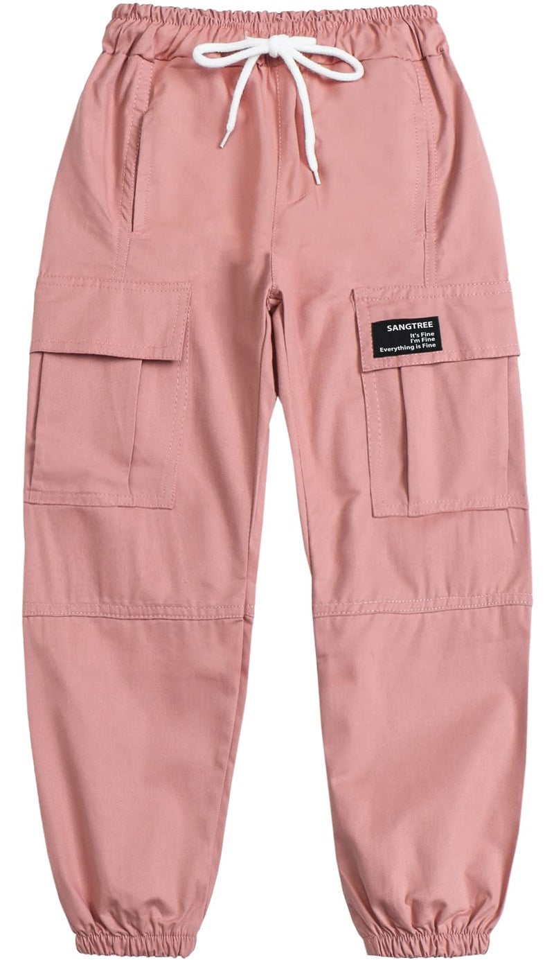SANGTREE Girls Cargo Pants, Elastic Waist Drawstring Loose Tapered Multi Pockets Cargo Jogger Pants for Girl, Pink, 9-10 Years Big Kid = Tag 150 - Image 2